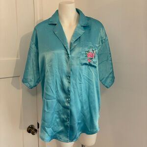 Sarah Spencer size Small Floral Embroidered Vintage Satin Pajama Button Up Top
